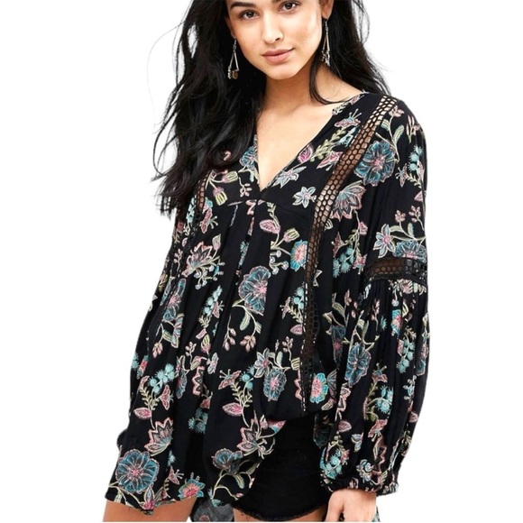 Free People Just The Two Of Us Black Floral Boho Swing Long Sleeve Tunic - Picture 1 of 10